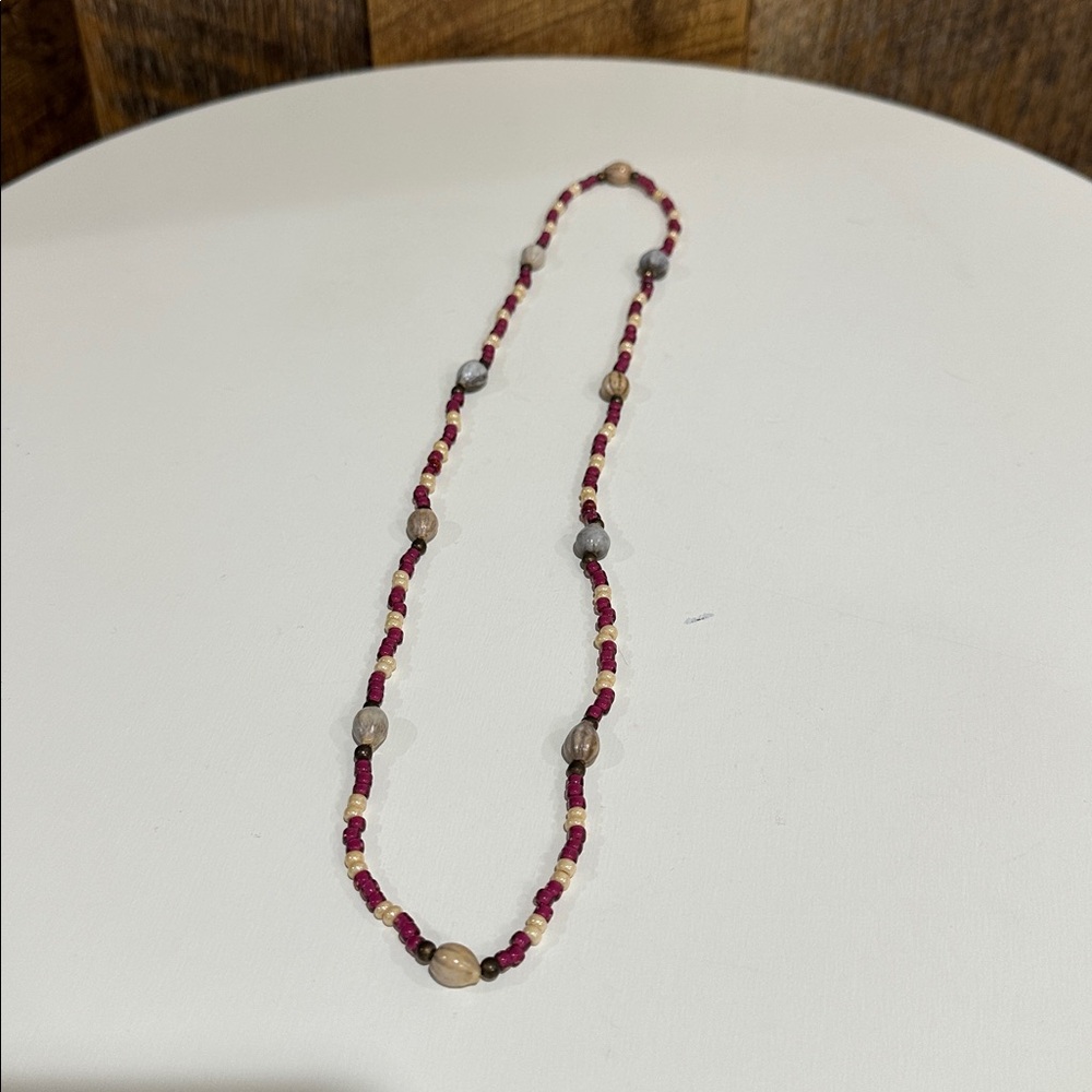 Native American Jobs Tear Corn Bead Beaded Necklace dark pink & cream 25”